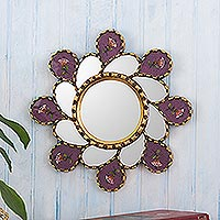 Reverse-painted glass wall accent mirror, 'Plum ' - Wall Accent Mirror with Reverse-Painted Glass