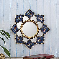 Reverse-painted glass wall accent mirror, 'Chrysanthemum in Azure' - Blue Hand painted Glass and Bronze Leaf Mini Accent Mirror