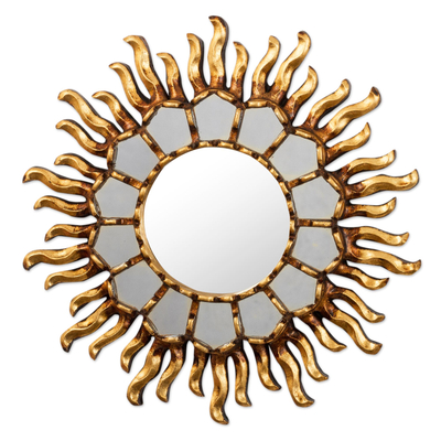 Espejo de acento de pared de madera y vidrio - Espejo de pared en tono dorado con motivo de sol