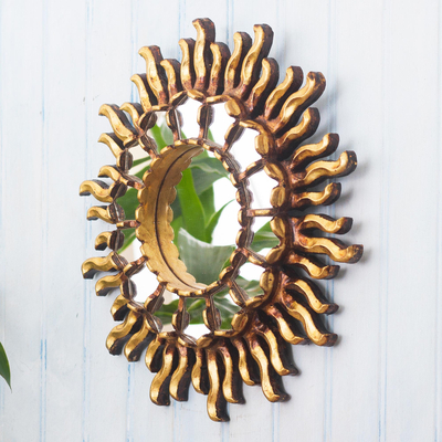 Wood and glass wall accent mirror, 'Sun Splash' - Sun Motif Gold Toned Wall Mirror Accent