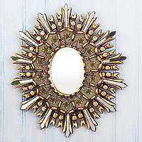 Reverse-painted glass wall accent mirror, 'Yellow Iris' - Cusco Style Reverse-Painted Glass Wall Mirror