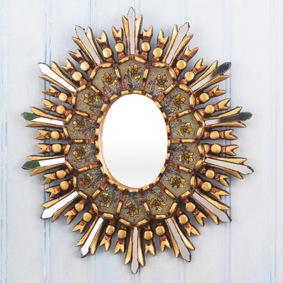 Reverse-painted glass wall accent mirror, 'Yellow Iris' - Cusco Style Reverse-Painted Glass Wall Mirror