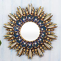 Reverse-painted glass wall accent mirror, 'Lily of the Incas' - Blue and Gold Tone Floral Wall Accent Mirror