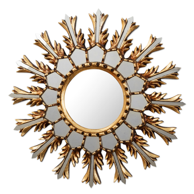 Wood and glass wall accent mirror, 'Eternal Brilliance' - Ornate Cusco Style Wood Wall Mirror