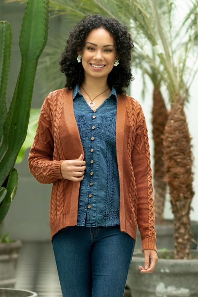 Cotton and recycled PET blend cardigan, 'Ginger Cable Classic' - Eco Friendly Cable Knit Open Front Deep Orange Cardigan