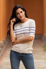 Short-sleeved cotton blend sweater, 'Sweet Freedom' - Cotton Blend Striped Sweater