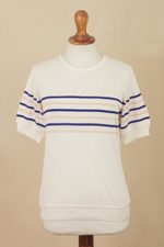 Short-sleeved cotton blend sweater, 'Sweet Freedom' - Cotton Blend Striped Sweater