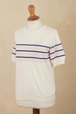 Short-sleeved cotton blend sweater, 'Sweet Freedom' - Cotton Blend Striped Sweater