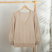 Suéter de mezcla de algodón, 'Champagne Spring' - Jersey de punto de mezcla de algodón en beige de Perú