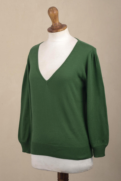 Cotton blend sweater, 'Green Spring' - Knit Cotton Blend Pullover in Green from Peru