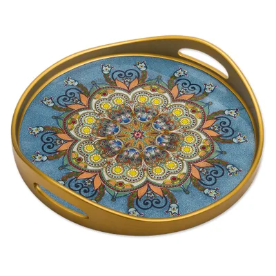 Reverse-painted glass tray, 'Creative Mandala' - Hand Painted Glass Serving Tray with Mandala Motif