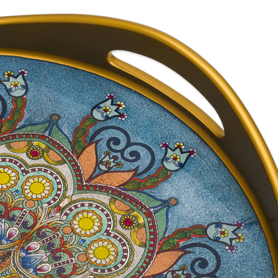Reverse-painted glass tray, 'Creative Mandala' - Hand Painted Glass Serving Tray with Mandala Motif