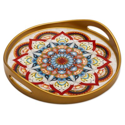 Reverse-painted glass tray, 'Healing Mandala' - Artisan Crafted Reverse-Painted Glass Tray