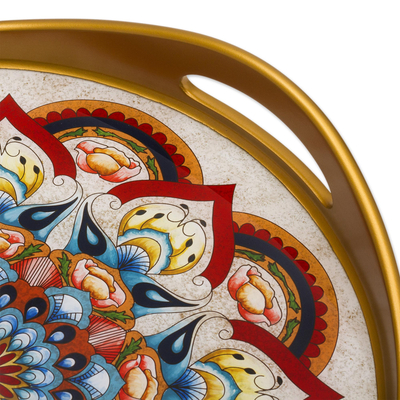 Reverse-painted glass tray, 'Healing Mandala' - Artisan Crafted Reverse-Painted Glass Tray