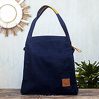 Leather-accented denim tote bag, 'Midnight in Miraflores' - Artisan Crafted Blue Denim Tote Bag