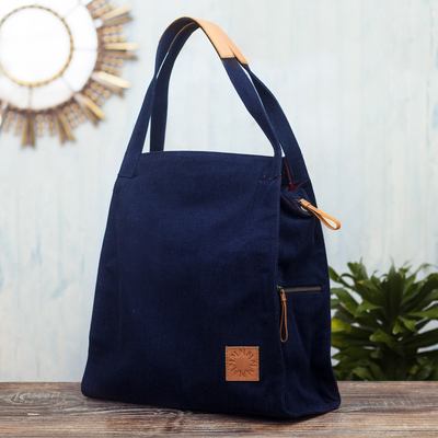 Leather-accented denim tote bag, 'Midnight in Miraflores' - Artisan Crafted Blue Denim Tote Bag