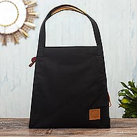 Cotton canvas tote bag, 'Adventure Ahead' - Black Canvas Tote Bag with Leather Accents