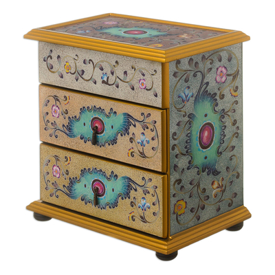 Reverse-painted glass jewelry chest, 'Subtle Splendor' - Hand Crafted Reverse-Painted Glass Jewelry Chest