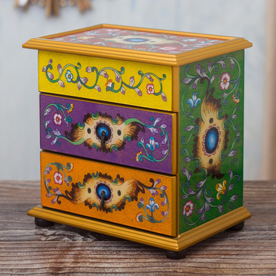 Reverse-painted glass jewelry chest, 'Cajamarca Splendor' - Multicolored Reverse-Painted Glass Jewelry Chest