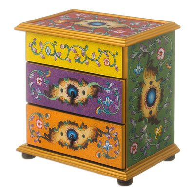 Reverse-painted glass jewelry chest, 'Cajamarca Splendor' - Multicolored Reverse-Painted Glass Jewelry Chest