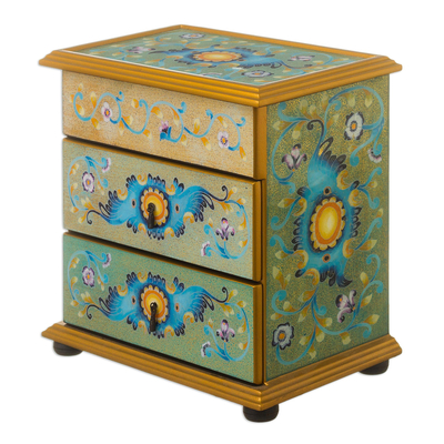Reverse-painted glass jewelry chest, 'Spring Splendor' - Peruvian Reverse-Painted Glass Jewelry Chest