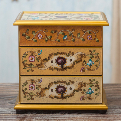 Reverse-painted glass jewelry chest, 'Dune Splendor' - Hand Painted Glass and Wood Jewelry Chest
