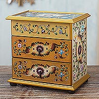 Reverse-painted glass Jewellery chest, 'Earth Splendor' - Earth-Toned Reverse Painted Glass Jewellery Chest