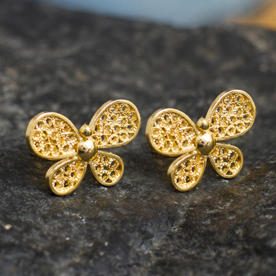 Pendientes de botón de filigrana bañados en oro - Pendientes mariposa chapados en oro de 18k