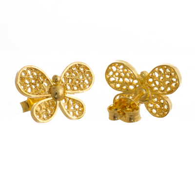 Gold-plated filigree button earrings, 'Radiant Butterfly' - 18k Gold Plated Butterfly Earrings