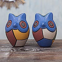 Ceramic sculptures, Cubist Owls in Blue (pair)