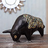 Ceramic sculpture, 'Swirly Chulucanas Bull' - Chulucanas-Style Ceramic Bull Sculpture