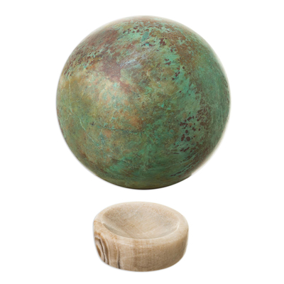 Chrysocolla sculpture, 'Earth's Majesty' - Hand Carved Chrysocolla Sphere Sculpture on Calcite Base