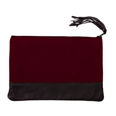 Leather and suede clutch, 'Cusco Wine' - Artisan Crafted Suede and Leather Clutch