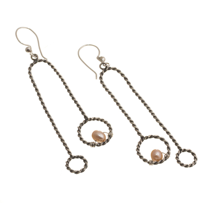 Cultured pearl dangle earrings, 'Lassoed Rose' - Handmade Sterling and Cultured Pearl Earrings