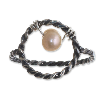 Cultured pearl cocktail ring, 'Lassoed Rose' - Cocktail Ring with Pink Cultured Pearl