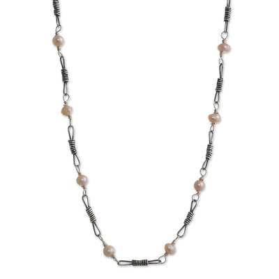 Cultured pearl station necklace, 'Intimate Connection' - Pink Cultured Pearl Station Necklace