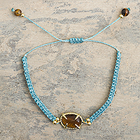 Gold-accented tiger's eye macrame pendant bracelet, 'Sweet Diversion in Blue' - Handmade Macrame Bracelet with Tiger's Eye
