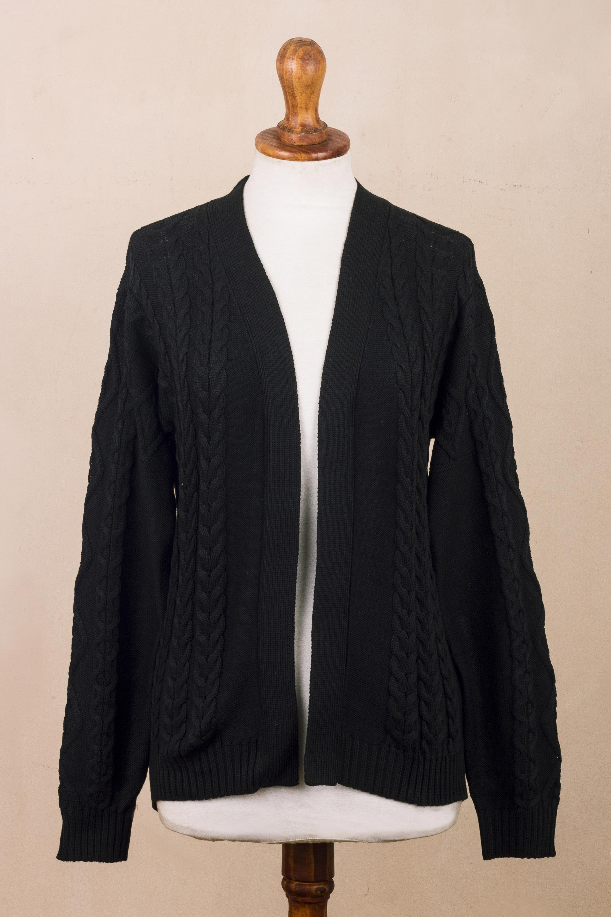 Eco Friendly Black Cable Knit Open Front Cardigan Black Cable Classic