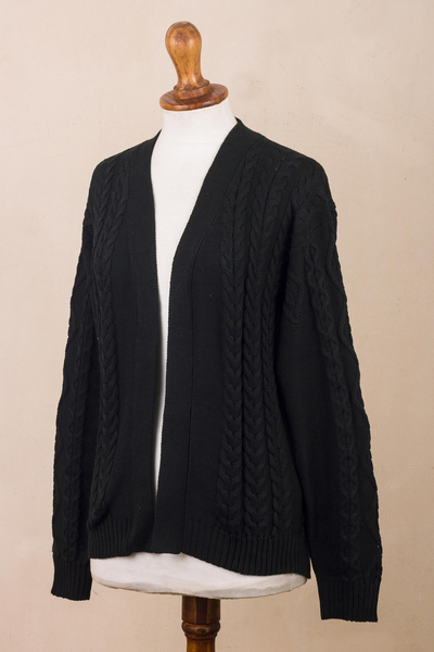 Cotton and recycled PET blend cardigan, 'Black Cable Classic' - Eco Friendly Black Cable Knit Open Front Cardigan