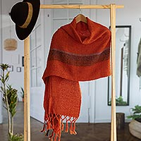 100% alpaca shawl, 'Tarma Flame' - Hand Woven Orange Alpaca Wool Shawl