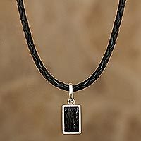 Tourmaline pendant necklace, 'Mysterious Black' - Leather Cord Necklace with Black Tourmaline