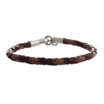 Leather and sterling silver wristband bracelet, 'Coffee and Cocoa' - Hand Braided Brown Leather Bracelet