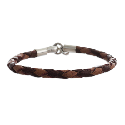 Leather and sterling silver wristband bracelet, 'Coffee and Cocoa' - Hand Braided Brown Leather Bracelet