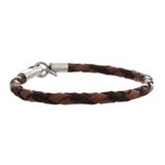 Leather and sterling silver wristband bracelet, 'Coffee and Cocoa' - Hand Braided Brown Leather Bracelet