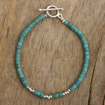 Reconstituted turquoise beaded bracelet, 'Cool Waves' - Artisan Crafted Beaded Bracelet