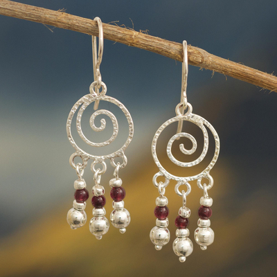 Garnet chandelier earrings, 'Spiral Nebula' - Spiral Sterling Silver Earrings with Garnets