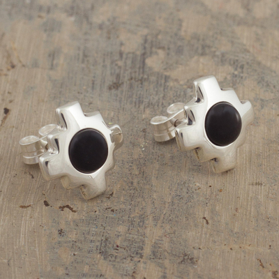 Obsidian stud earrings, 'Inca Constellation' - Silver and Obsidian Inca Chakana Stud Earrings