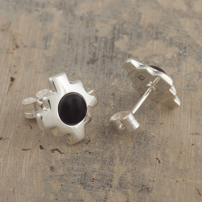 Obsidian stud earrings, 'Inca Constellation' - Handcrafted Silver and Obsidian Inca Chakana Stud Earrings