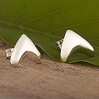Sterling silver button earrings, 'Boomerang' - Peruvian Sterling Silver Boomerang Button Earrings