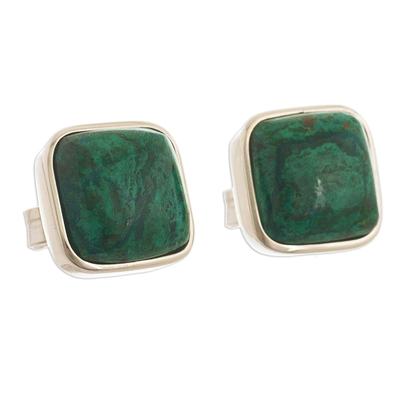 Chrysocolla stud earrings, 'Window to the Forest' - Peruvian Square Chrysocolla Stud Earrings